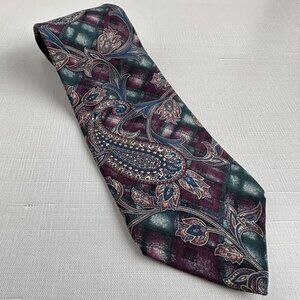 Bill Blass Silk Tie, Paisley, Plum Green, 57"